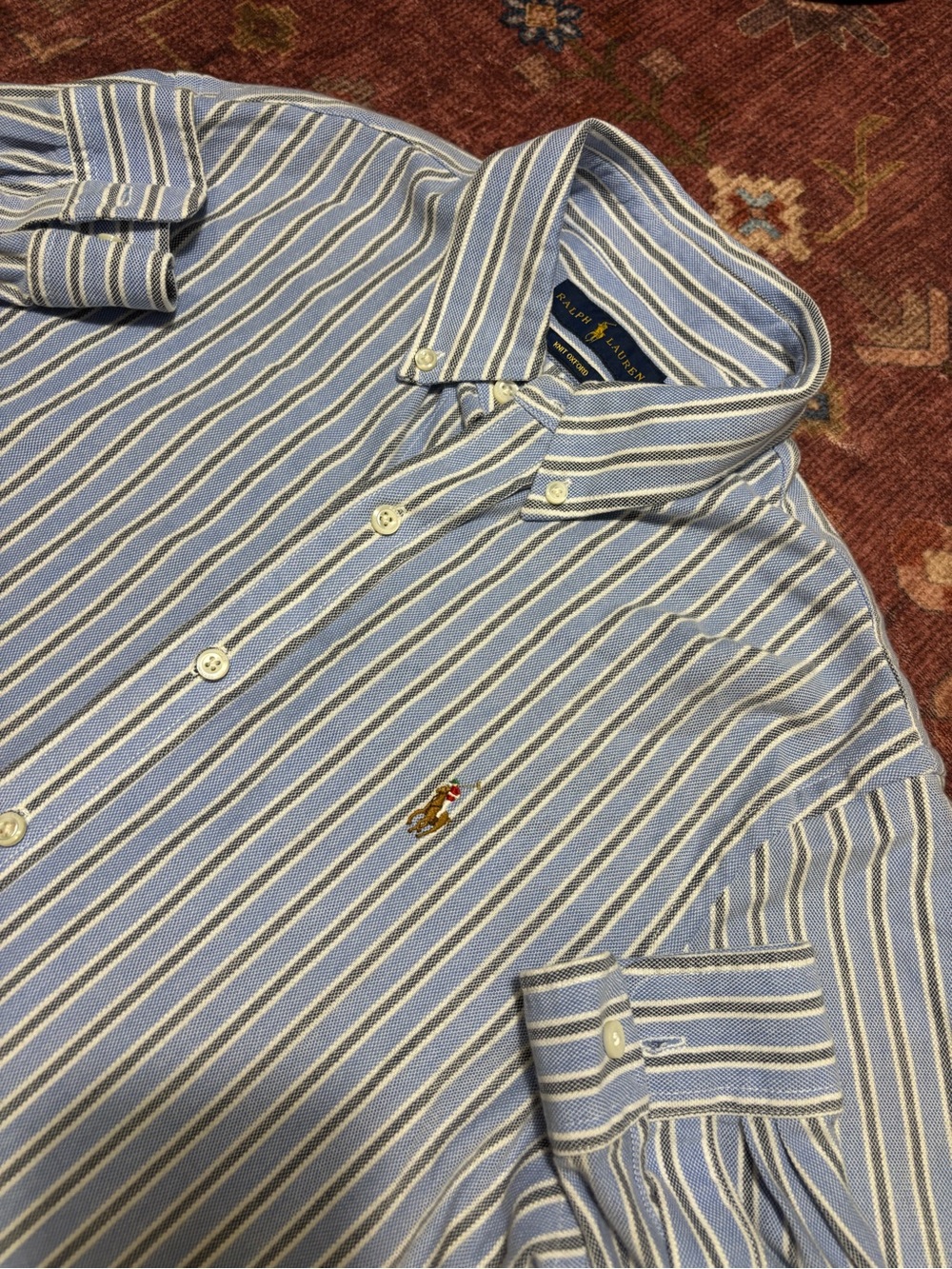 Polo Ralph Lauren Mens Woven Blue/White Striped Long Sleeve Button down Oxford